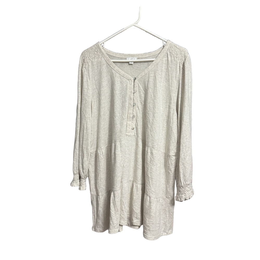 J.Jill Shirt Womens Size L Heathered Cream Tiered Henley Shirred Cuff